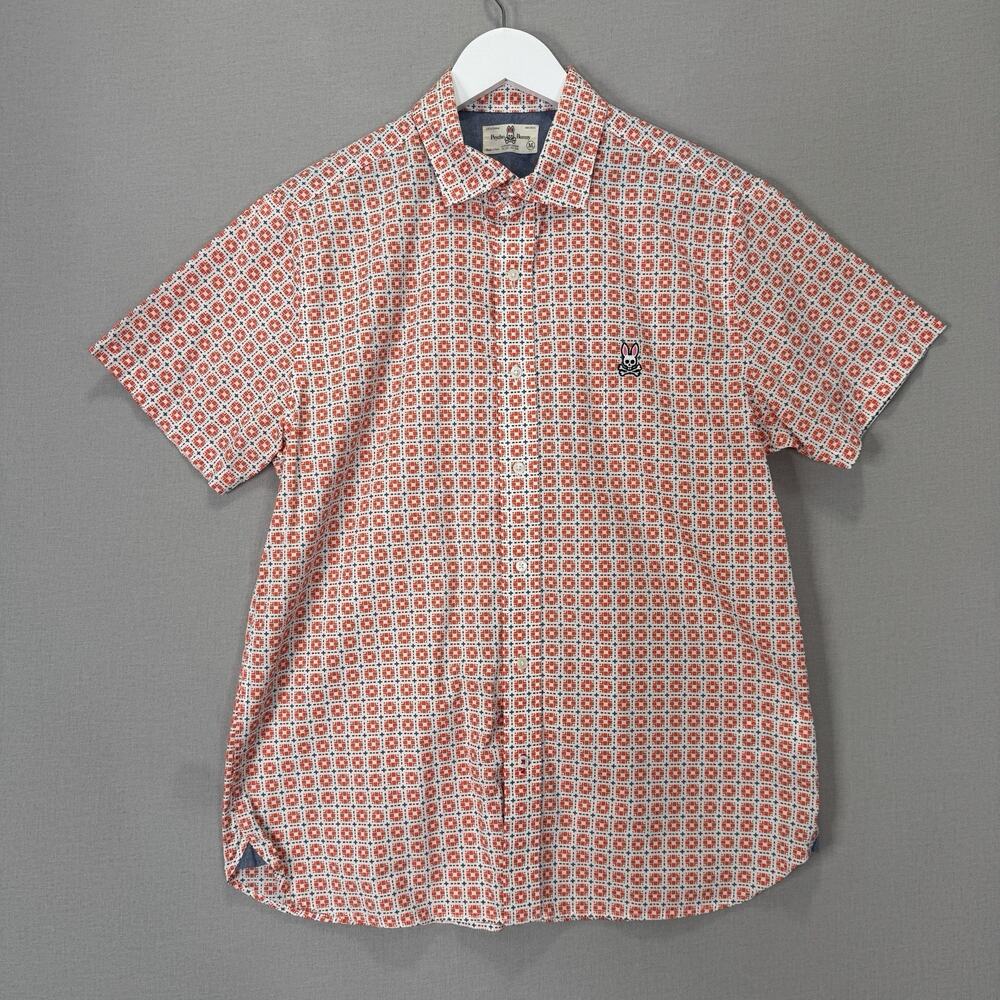 Psycho Bunny Button Up Shirt Mens M Orange Geometric Print Coastal Preppy Resort